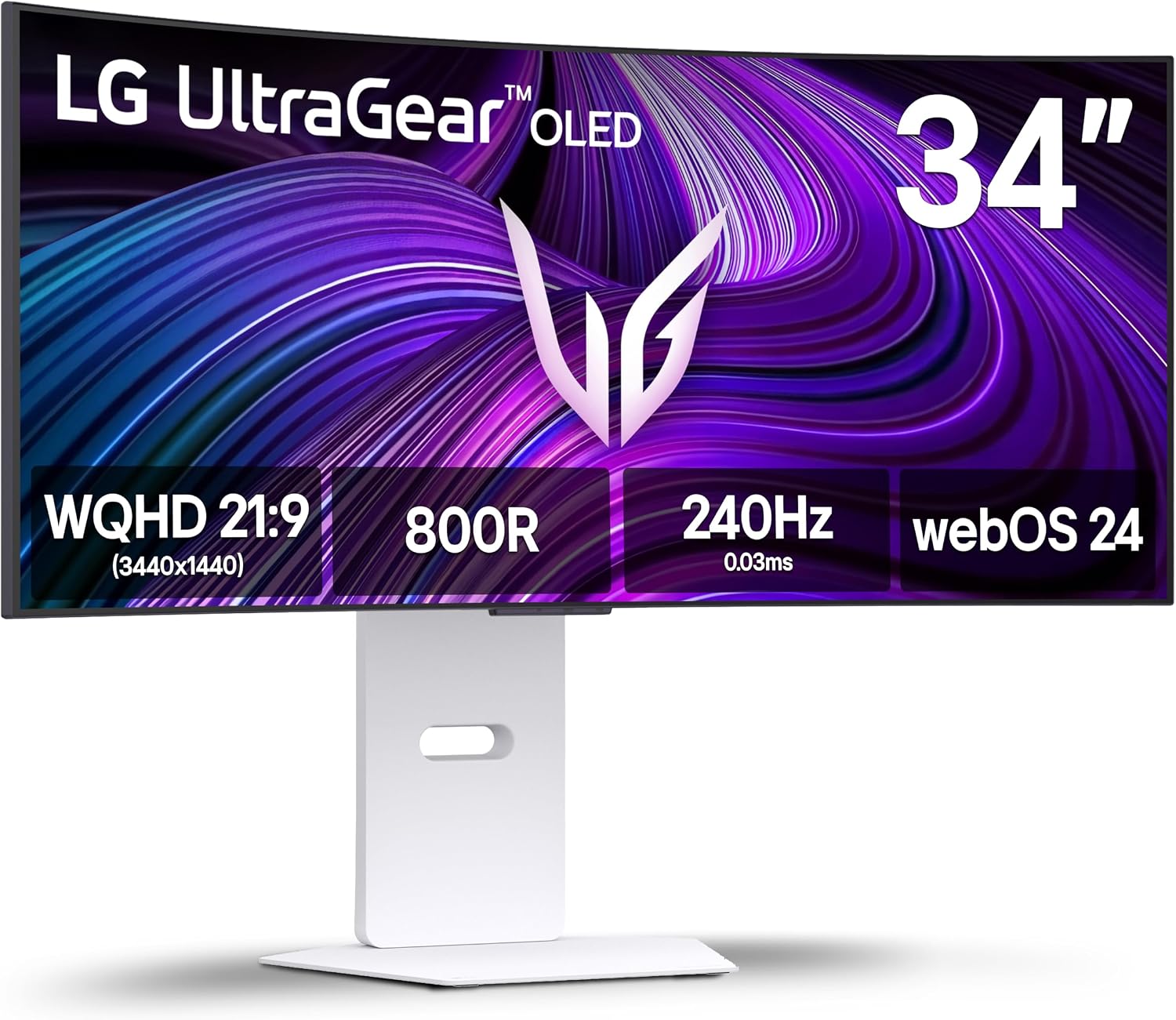 LG 34GX90SA-W 34-inch Ultragear WQHD (3440 x 1440) OLED Curved Gaming Monitor 240Hz, 1ms, NVIDIA G-Sync Compatible, AMD FreeSync Premium, VESA DisplayHDR True Black 400, webOS, USB Type-C, White - View 1 of 6