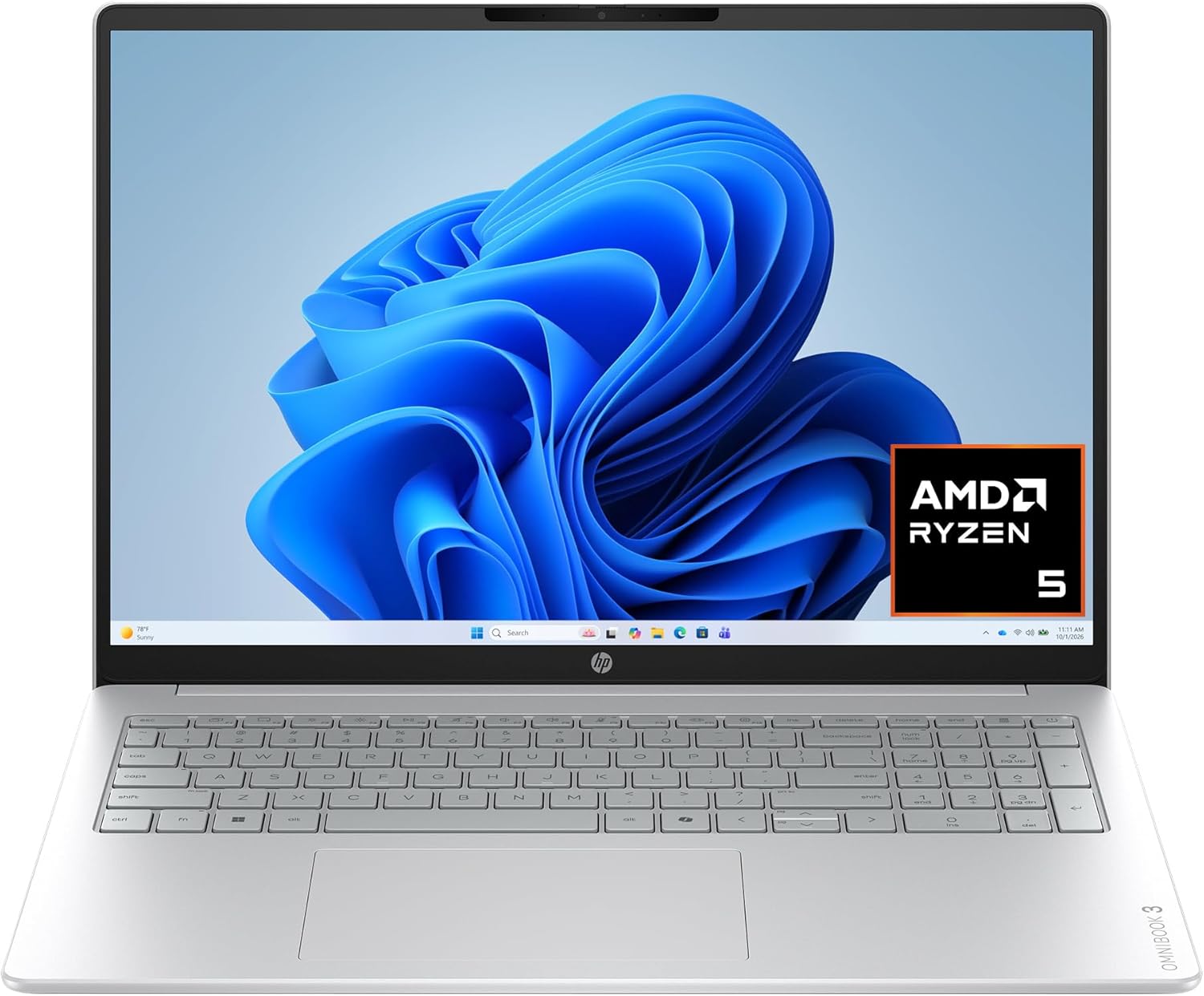 HP OmniBook 3 16 inch Laptop PC, 2K Touchscreen, AMD Ryzen 5 40, 8 GB RAM, 512 GB SSD, AMD Radeon 610M GPU, Windows 11 Home, Glacier Silver, 16-by0499nr - View 1 of 6