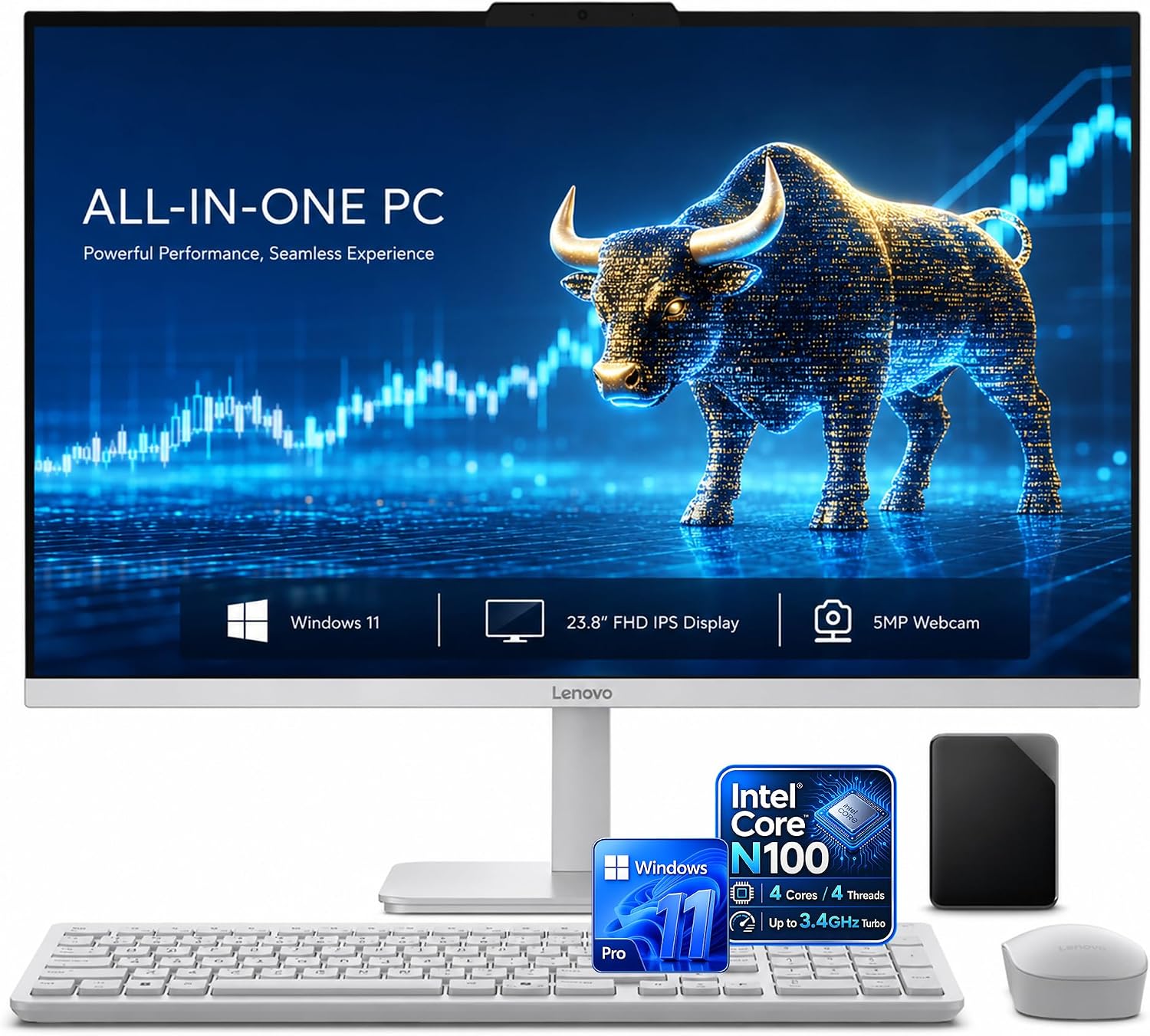 Lenovo 24 Inch All in One Desktop, Intel Quad-Core CPU, Full HD Display, 16GB RAM, 640GB Storage (512GB External &128GB SSD On Board), Wi-Fi 6, Bluetooth, USB, Windows 11, HDMI, Wireless KB & Mouse