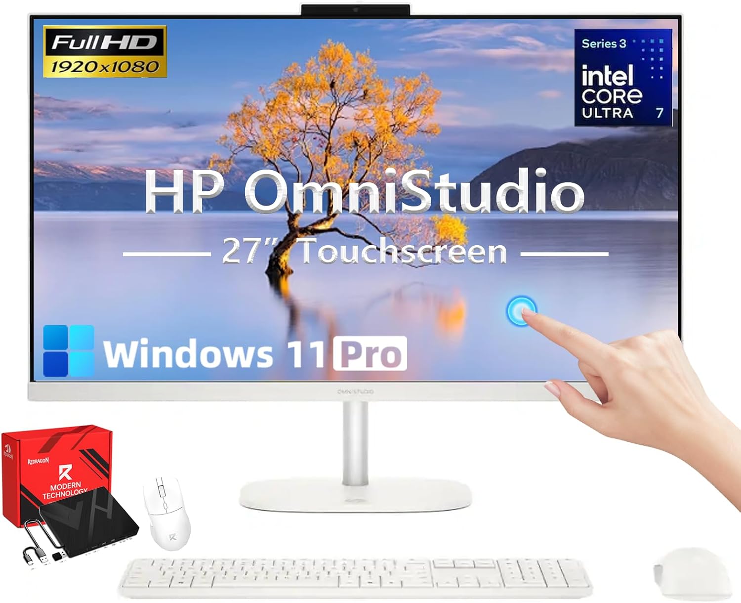 HP OmniStudio 27" Full HD Touchscreen All in One Desktop Computer - 16GB DDR5 1TB SSD, Intel Core Ultra 7 355U (up to 4.7GHz), 49 Tops NPU, WiFi 7, Copilot AI PC, Win11 Pro, KB & Mouse, for Business - View 1 of 6