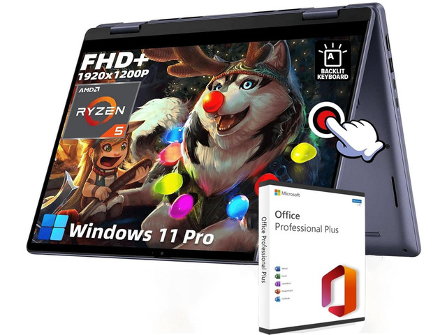 Dell Inspiron 7445 2-in-1 Business Laptop, 14" Full HD+ Touch Screen, AMD R5 8640HS, Radeon Graphics, 64 GB DDR5, 1 TB SSD, Fingerprint, Win